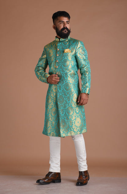 Handmade Vibrant Sea Green Brocade Silk Sherwani