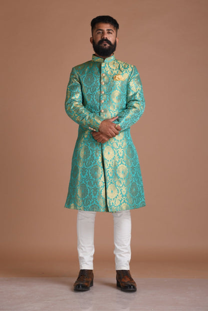 Handmade Vibrant Sea Green Brocade Silk Sherwani