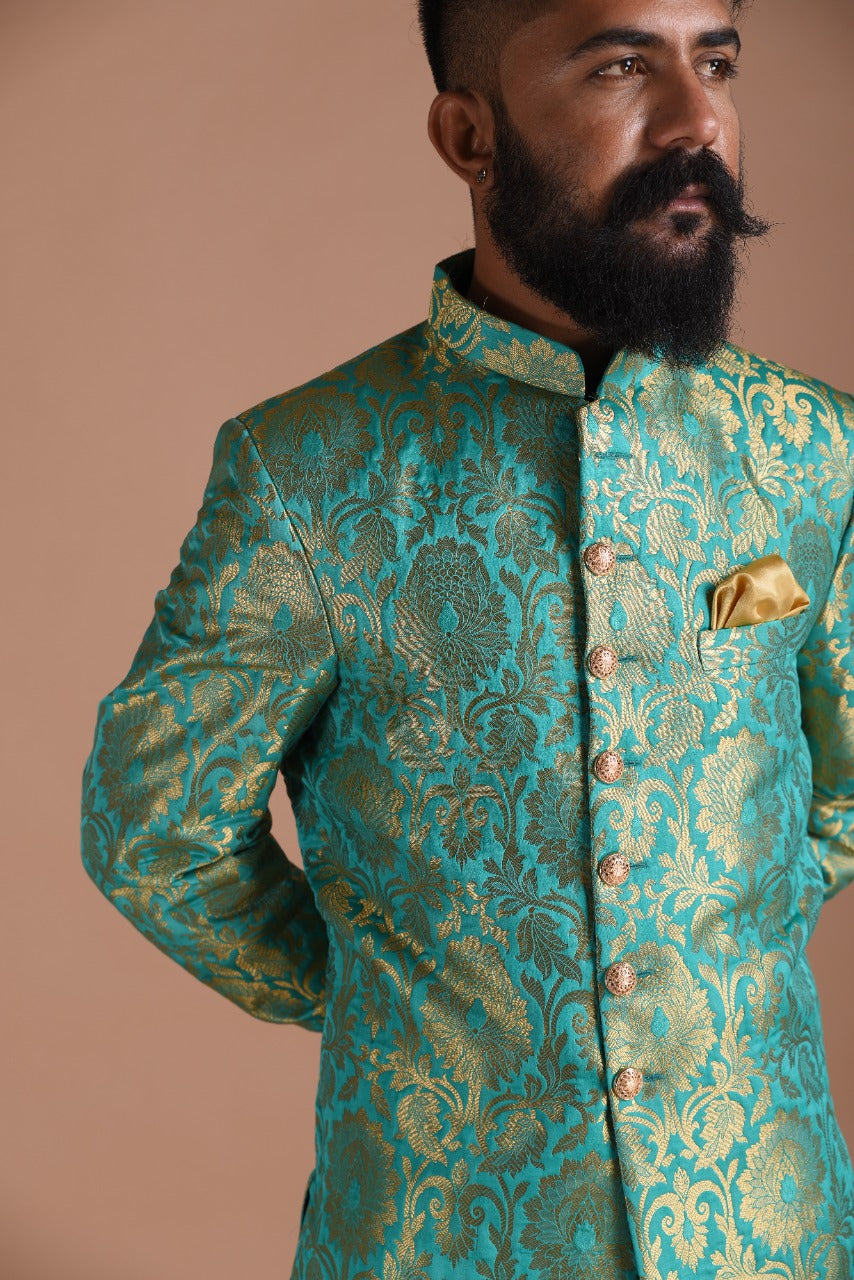 Handloom Brocade Silk | Vibrant Sea Green | Royal Achkan