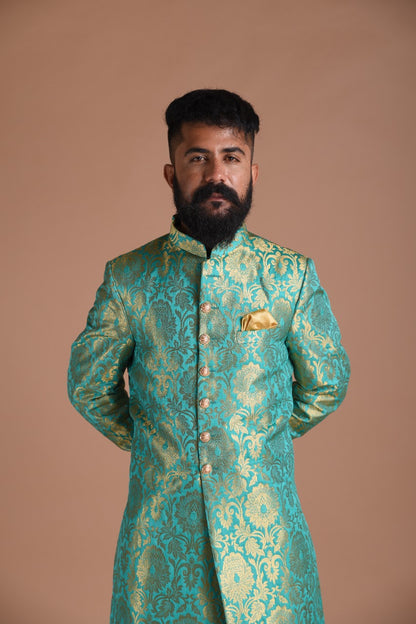Handmade Vibrant Sea Green Brocade Silk Sherwani