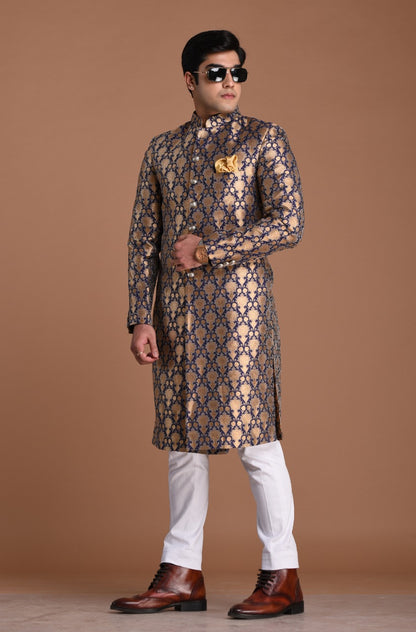 Handmade Navy Blue and Golden Brocade Silk Achkan