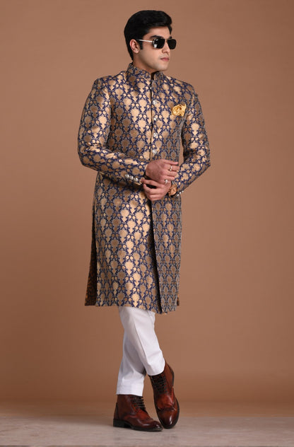 Handmade Navy Blue and Golden Brocade Silk Achkan