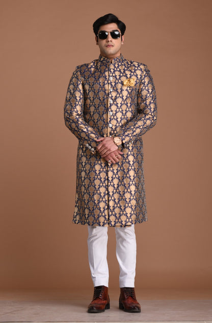 Handmade Navy Blue and Golden Brocade Silk Achkan