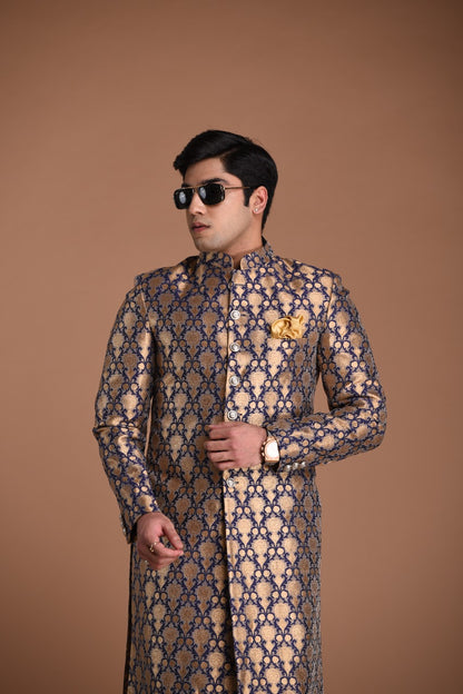 Handmade Navy Blue and Golden Brocade Silk Achkan