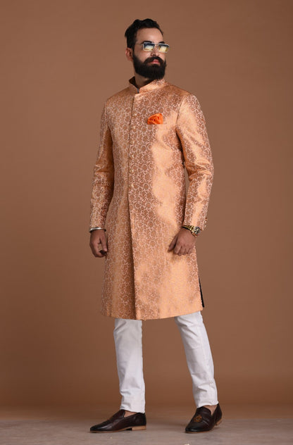 Royal Banarasi Brocade Floral Pattern Melon Color Sherwani