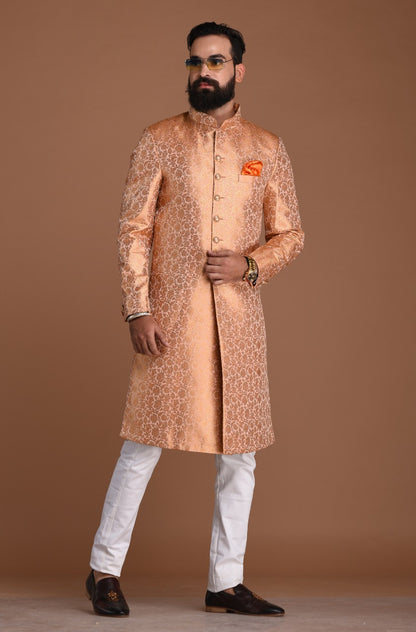 Royal Banarasi Brocade Floral Pattern Melon Color Sherwani