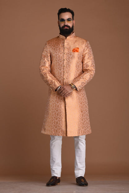 Royal Banarasi Brocade Floral Pattern Melon Color Sherwani