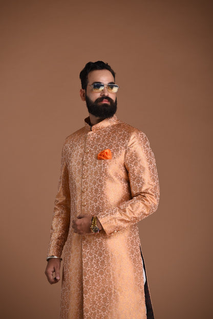 Royal Banarasi Brocade Floral Pattern Melon Color Sherwani