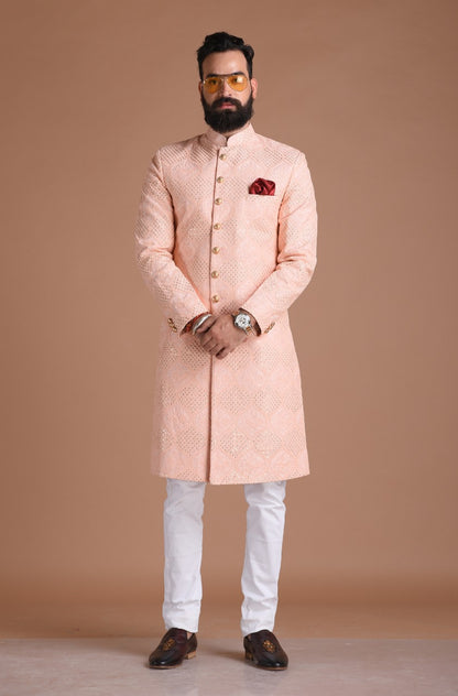 Handmade Traditional Chikankari with Sequin Work | Pink Color | Sherwani