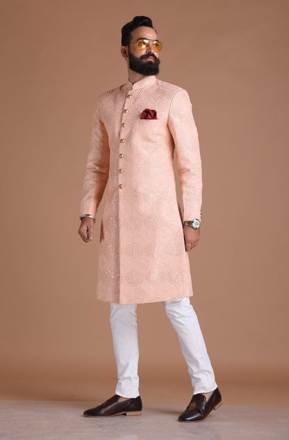 Handmade Traditional Chikankari with Sequin Work | Pink Color | Sherwani
