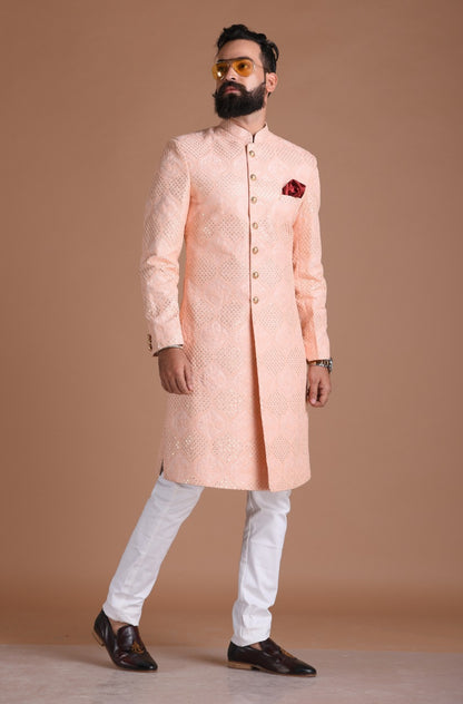 Handmade Traditional Chikankari with Sequin Work | Pink Color | Sherwani