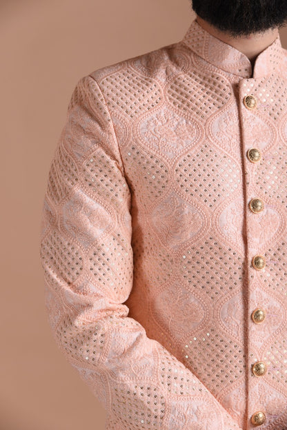 Handmade Traditional Chikankari with Sequin Work | Pink Color | Sherwani