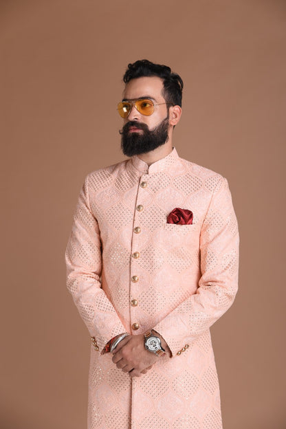 Handmade Traditional Chikankari with Sequin Work | Pink Color | Sherwani