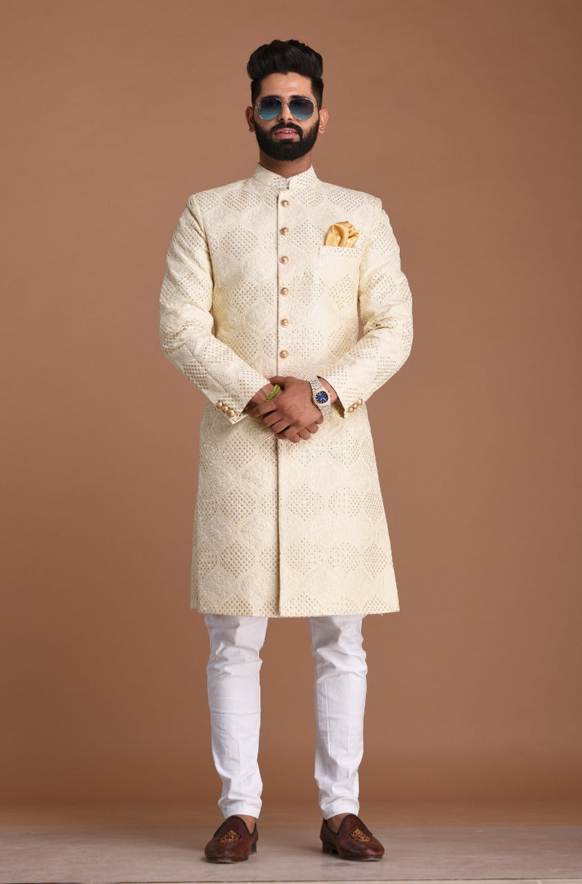Lucknowi Chikankari With Sequin Work | Pearl White Color | Maharaja Style Sherwani