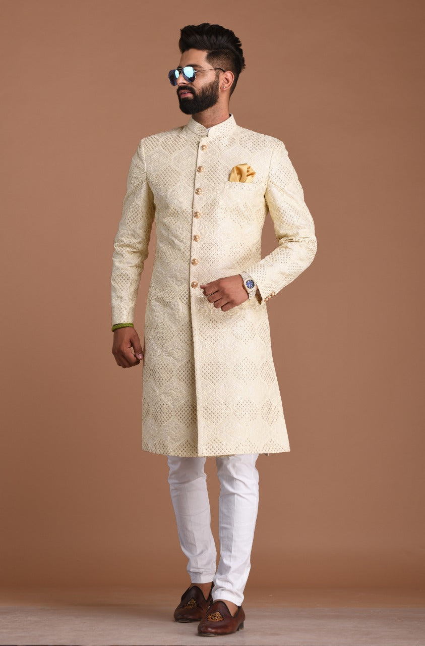 Lucknowi Chikankari With Sequin Work | Pearl White Color | Maharaja Style Sherwani