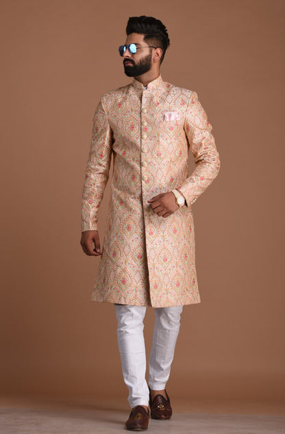 Lucknowi Heavy Embroidered Light Pink Royal Sherwani