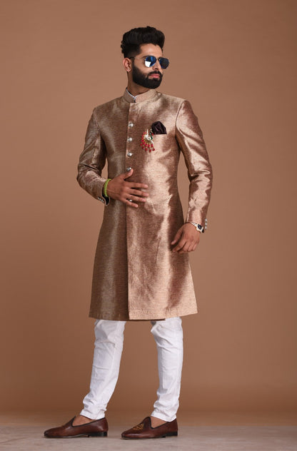 Maharaja Style Silk Kim-Khab Magenta Gold Achkan