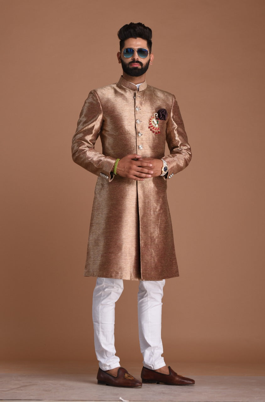 Maharaja Style Silk Kim-Khab Magenta Gold Achkan