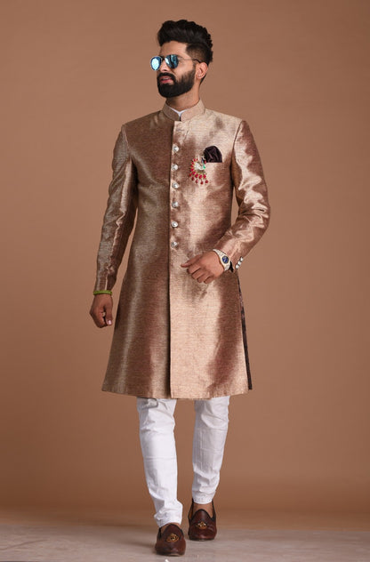 Maharaja Style Silk Kim-Khab Magenta Gold Achkan