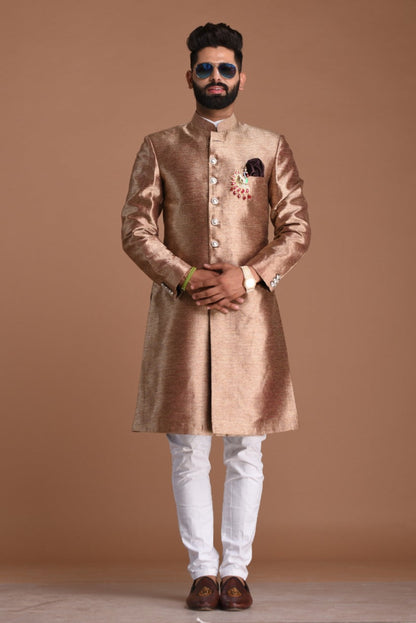 Maharaja Style Silk Kim-Khab Magenta Gold Achkan