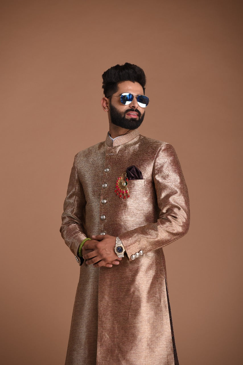 Maharaja Style Silk Kim-Khab Magenta Gold Achkan