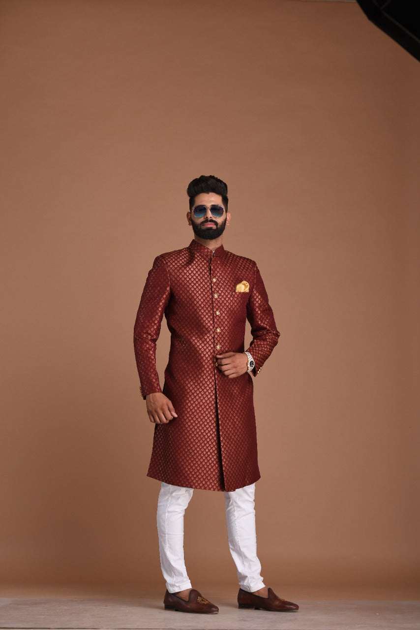 Maroon and Golden Booti Pattern Brocade Silk Maharaja Style Sherwani