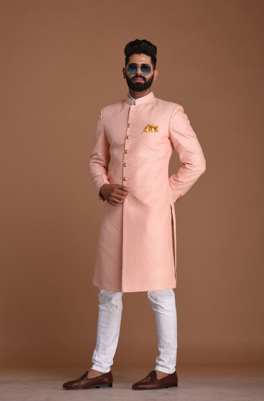 Pink Color Royal Club Pattern Brocade Silk Sherwani