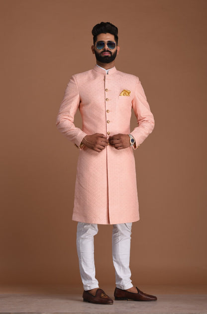 Pink Color Royal Club Pattern Brocade Silk Sherwani