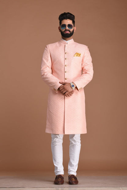 Pink Color Royal Club Pattern Brocade Silk Sherwani