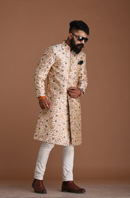 Royal Banarasi Heavy Floral Embroidery Cream Sherwani
