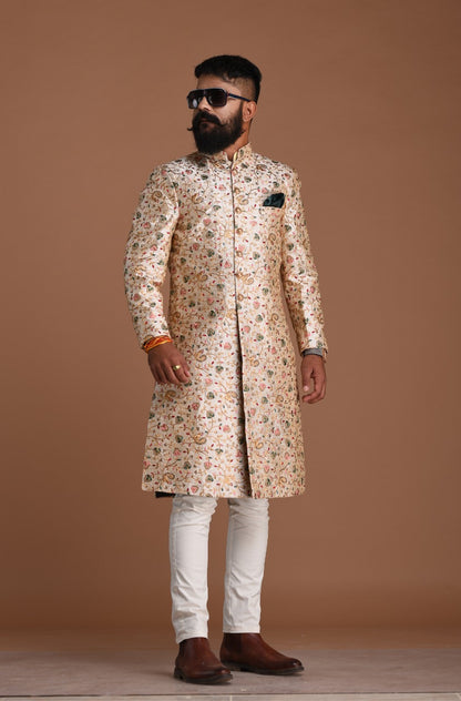 Royal Banarasi Heavy Floral Embroidery Cream Sherwani