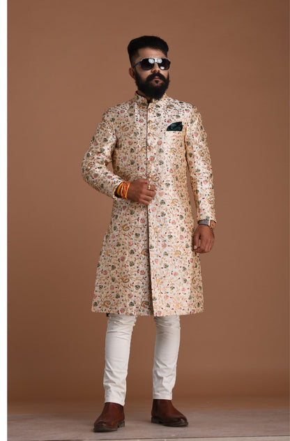 Royal Banarasi Heavy Floral Embroidery Cream Sherwani