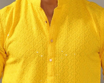 Handmade yellow Chikankaari Embroidered Kurta Pajama Set