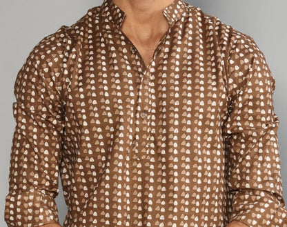 Walnut Brown Sanganeri Printed Kurta With White Pyjama