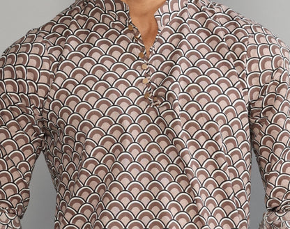 Tawny Brown Sanganeri Scales Print Kurta With White Pyjama