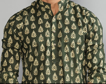 Juniper Green Block Print Sanganeri Kurta With White Pyjama