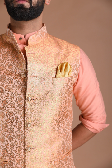 Exclusive Pastel Orange Floral Pattern Nehru Jacket With Silk Kurta Pajama Set