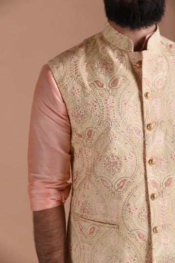 Heavy Lakhnawi Chikankaari  Cream Nehru Jacket With Silk Kurta Pajama