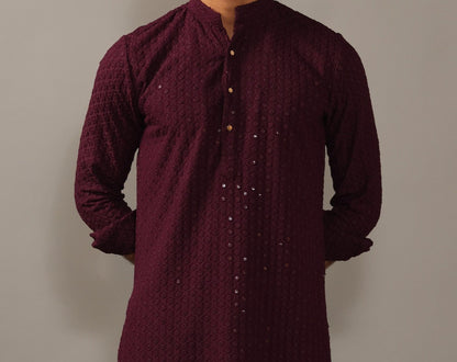 Handmade Wine Chikankaari Embroidered Kurta Pajama Set
