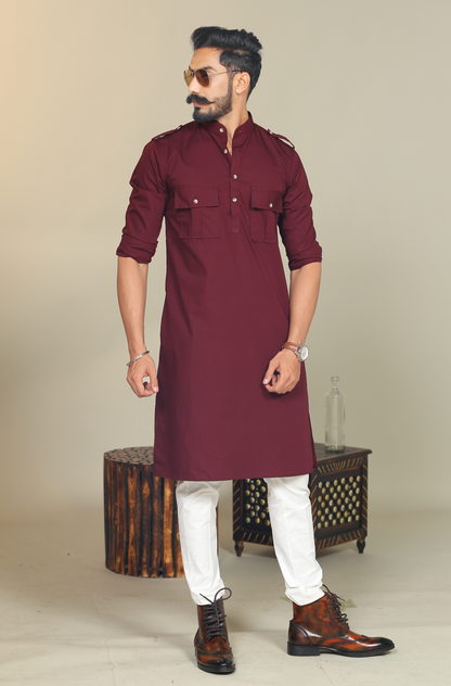 Maroon Short Collared Hunting Style Kurta